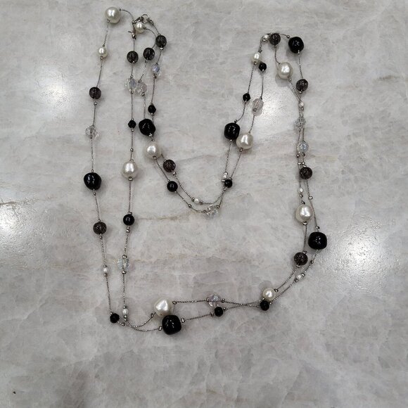 Multi Strand Black and Rhinestone Beads and Faux Pearl Necklace - Picture 1 of 4